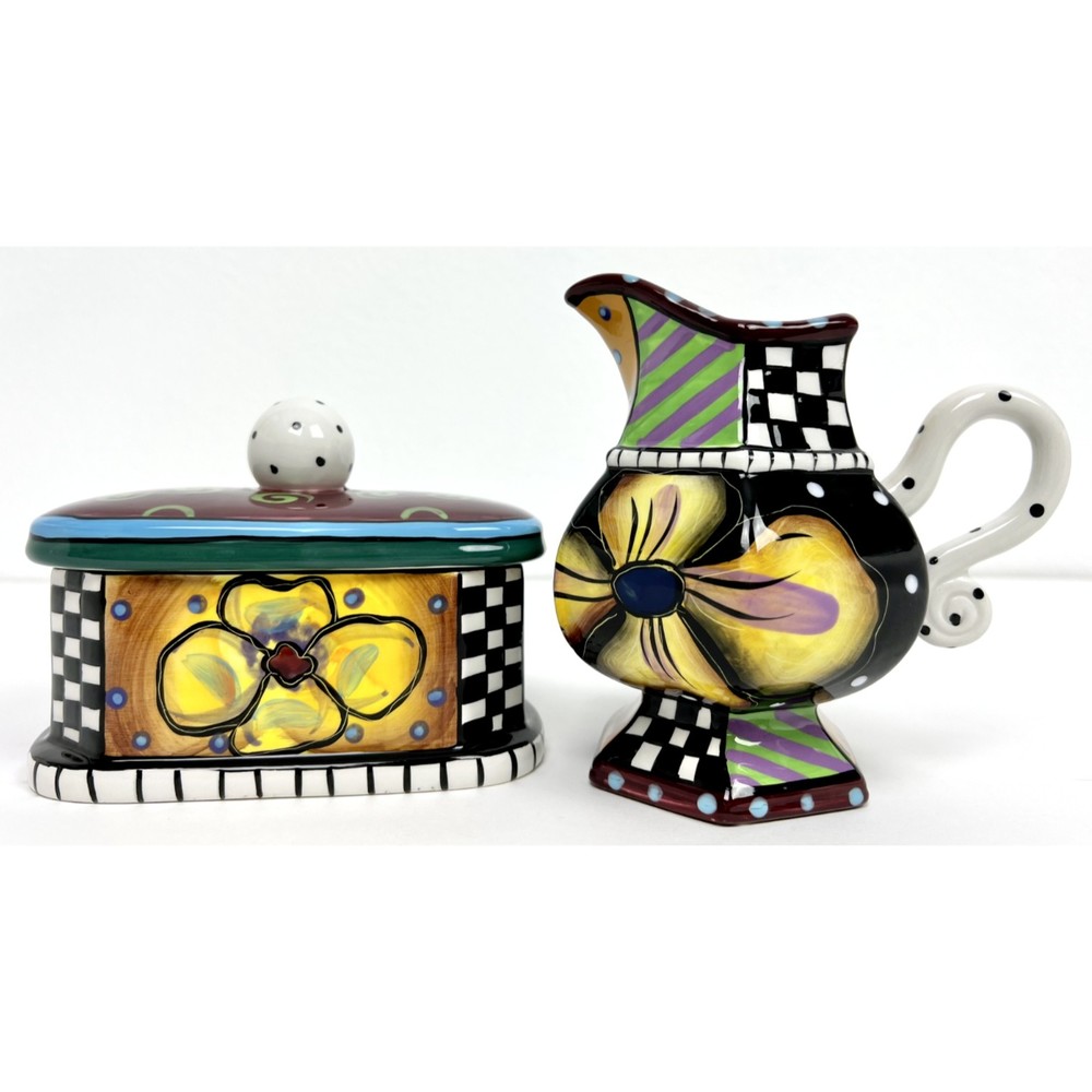Fab Studio Designworks Hand Painted Ceramic Flower Check Creamer & Sugar Set